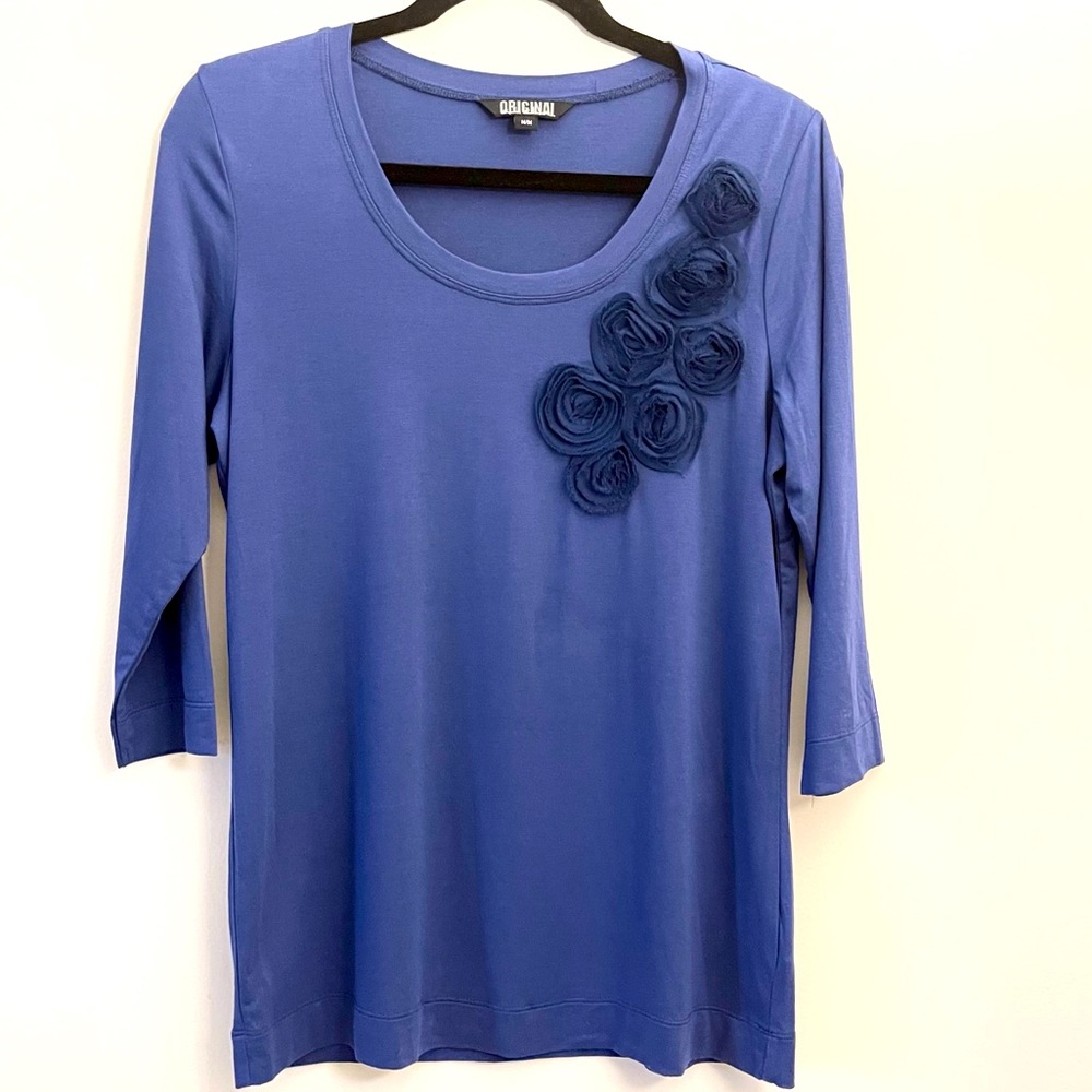Original Nicole Miller Royal Blue Round Neck 3/4 Sleeves Stretchy Top Size US M